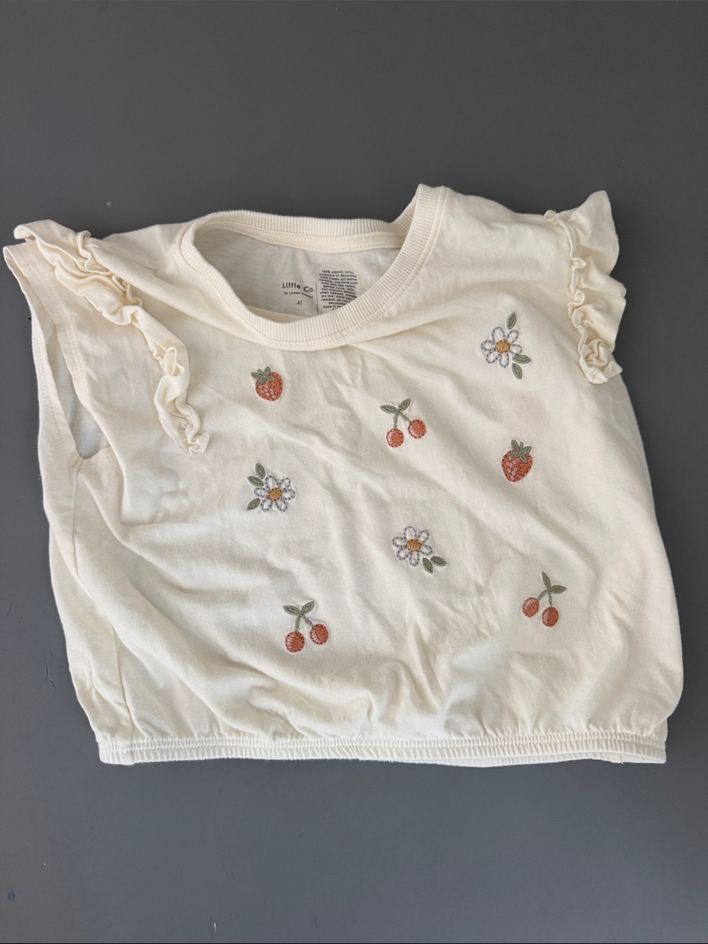 Cream Ruffle Sleeve Top with Strawberry & Cherry Embroidery - Little Kids